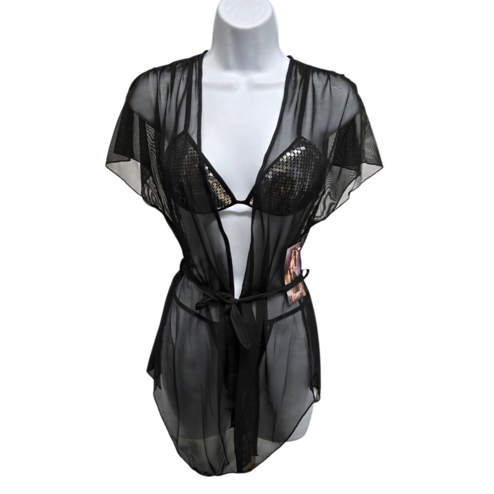 Dreamgirl Lingerie Black Silver Sequin Bra Panty Robe Set Size Large Style 7070